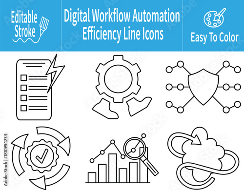 Digital Workflow Automation Efficiency Line Icons featuring Auto Trigger Task, Smart Routine Builder, Error-Free Workflow, Auto Approve, Predictive Task Insight, and Seamless Sync Operation