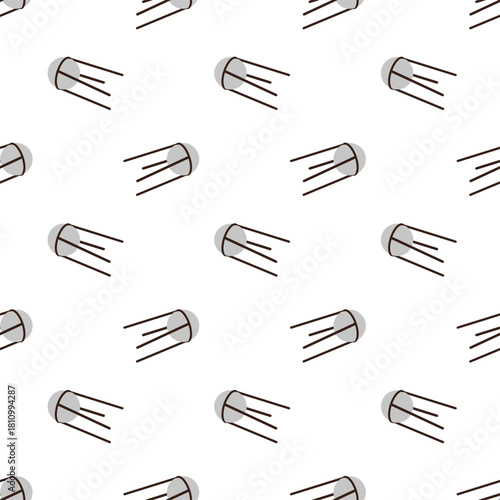 flat design pattern of a satellite, resembling Sputnik. It has a light grey spherical body with a dark outline, and three dark brown, thin antennae or rods extending from one side, suggesting motion