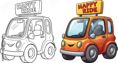 Cute orange cartoon car with a smiling face and Happy Ride sign shown in both colored and line art versions.