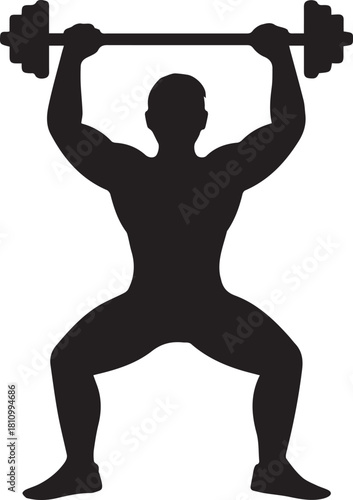 Silhouette of muscular man lifting barbell overhead in squat position