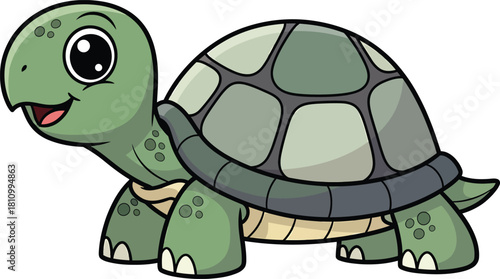Happy green cartoon turtle character with a patterned shell and big cute eyes.