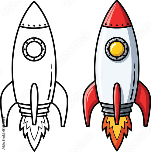 Red and white cartoon rocket ship launching with a fiery exhaust and a yellow porthole window.