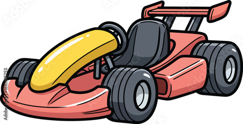 Red cartoon racing gokart with a yellow nose cone black seat and a large rear spoiler.