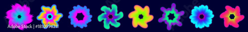 Playful y2k flower elements with neon aura and silky gradient glow. Each design blends blur texture and organic shape rhythm, repeating gradient y2k flair, flower hints and blur-softened shape edges.