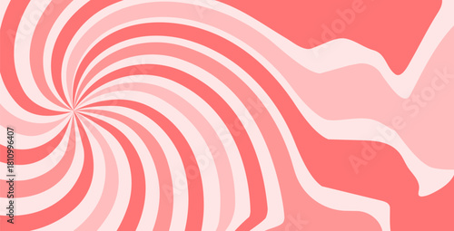 Twisted pink candy undulate lines. Cream texture starburst background. Retro spiral sun rays backdrop. Abstract girly illustration. Vector wavy dynamic sweet decoration. Carnival stripes design.