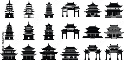 Asian architecture silhouettes, Chinese pagodas, Japanese temples, traditional gates, oriental building icons, black vector collection, isolated on white background