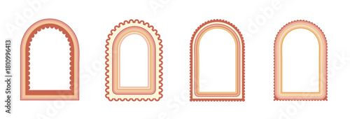 Arch scallop red frames set. Wavy edges geometric doodle template isolated. Wave arc borders with rainbow vintage stripes. Poster invitation blank with door portal elements. Vector illustration.