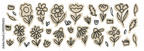 Scrapbook scribble cut out flowers. Naive doodle paper stickers collection. Set of scrap book floral shapes crayon textures. Vector scrap book pieces element illustration isolated on white backdrop.