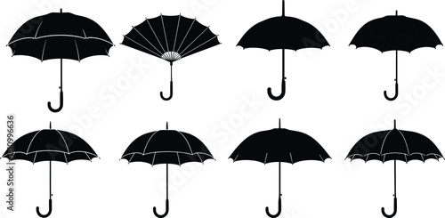 Set of black umbrella silhouettes, rain protection icons, open parasol symbols, weather accessory collection, vector illustration, isolated on white background