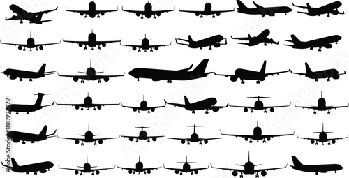 Set of black commercial airplane silhouettes flying in various directions, vector illustration isolated on white background, aviation and travel transport concept