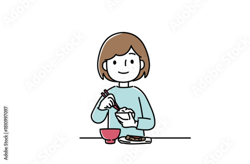 ご飯を食べる女性のイラスト