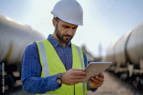 Railway engineer inspecting tank cars with tablet