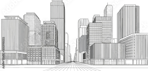 Continuous line drawing of modern city skyline with skyscrapers, architectural urban street perspective sketch, vector illustration isolated on white background