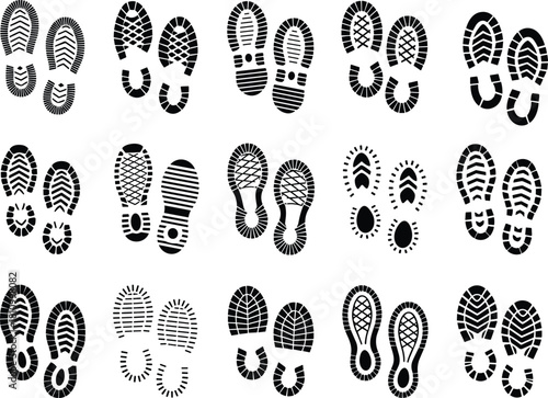 Set of black shoe footprints and boot sole impressions, vector silhouette collection isolated on white background, human walking steps, tracking concept