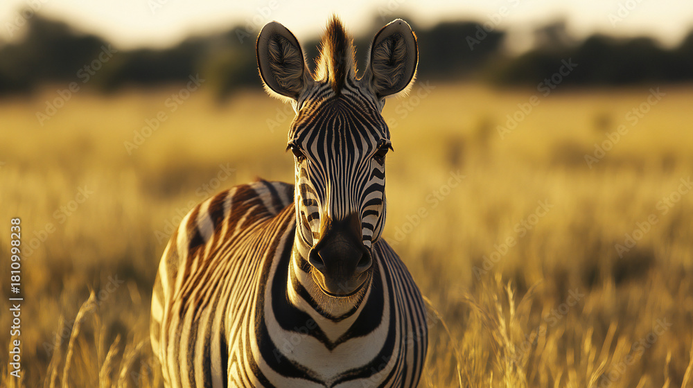 Obraz premium Majestic Zebra Portrait Captures Golden Hour Serenity in African Savannah