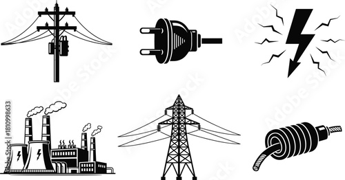 Electricity infrastructure, power generation, energy transmission, utility pole, electrical plug, lightning bolt, smokestack plant, high-voltage tower, cable wiring, electricity system,