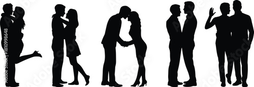 Set of romantic couple silhouettes featuring heterosexual and gay male partners standing together, vector illustration isolated on white background, love concept