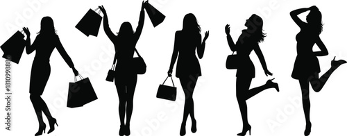 Set of black silhouettes of happy women with shopping bags posing, vector illustration isolated on white background, fashion retail concept