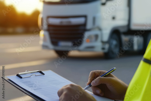 Worker writing checklist in front of delivery truck