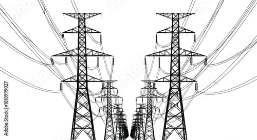 Electricity pylon, power transmission, high voltage tower, energy infrastructure, grid network, industrial structure, symmetrical design, 