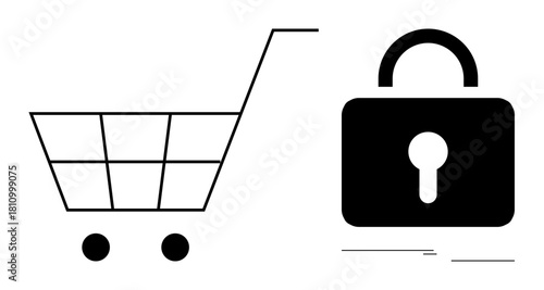 Shopping cart next to a padlock emphasizing secure online payments, user privacy, and e-commerce trust. Ideal for e-commerce security, privacy, online shopping, transactions, data protection, trust