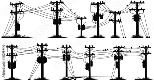Electricity,distribution,power,grid,utility,poles,transformers,overhead,wires,silhouette,blue,outline,infrastructure,energy,network,urban,technology,