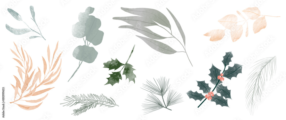 Fototapeta premium Christmas and Happy New Year botanical vector illustration set with soft watercolor eucalyptus, holly leaves and warm beige foliage — elegant holiday design for greeting cards and festive decor