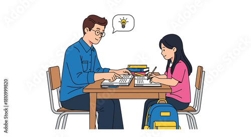 A friendly male teacher or tutor guides a young girl student with her studies at a desk showing an idea lightbulb above them
