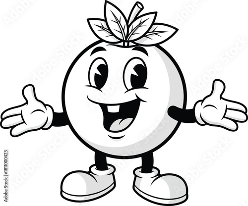 A cheerful black and white cartoon orange mascot with a big smile open arms and leaves on its head.