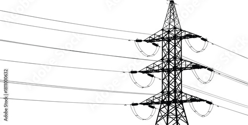 High Voltage Power Transmission Tower Structure Isolated Illustration, Detailed Blueprint Vector Graphic Representing Electrical Energy Supply Grid Network Infrastructure and Electricity Distribution