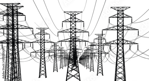 High voltage electric transmission towers with power lines, vector illustration of industrial energy grid infrastructure, electricity distribution network concept,