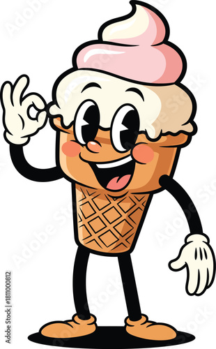 A cheerful retro cartoon ice cream cone mascot with a happy face making an OK gesture.
