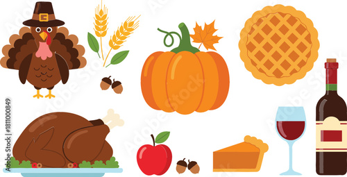 A comprehensive vector set of classic Thanksgiving and Autumn harvest elements, including a cartoon turkey, pumpkin pie, roasted dinner, wine, and festive decorations, perfect for holiday greetings an