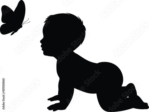 Black silhouette vector illustration of a cute baby crawling on floor looking at a butterfly, childhood curiosity nature concept