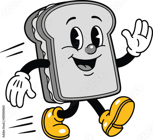 A cheerful retro cartoon sandwich character running and waving with a happy smile wearing white gloves and yellow shoes.