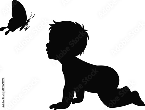 Black silhouette vector illustration of a crawling baby watching a flying butterfly, concept of childhood innocence and nature