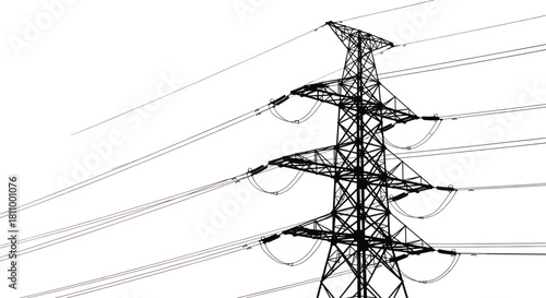 High-voltage electrical transmission tower carrying power lines against a white sky, industrial infrastructure technology for electricity distribution, symbolizing energy, 