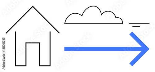 Cloud migration concept. Cloud migration data transfer between local storage and cloud services with iconographic symbols. Cloud migration for IT solutions, backups, data security, remote access