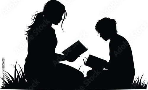 Black silhouette vector illustration of mother and son sitting on grass reading books together, family education and learning concept