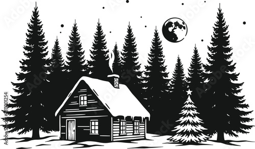 Black and white silhouette of a snow-covered cabin in a pine forest under a full moon