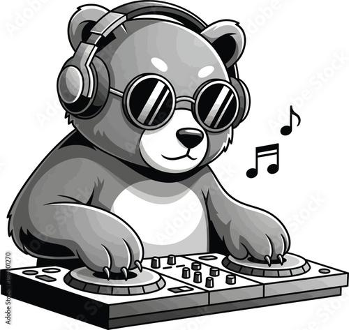 A cool black and white cartoon bear DJ wearing headphones and sunglasses mixing music on a turntable deck.
