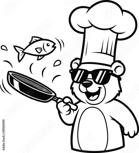 A cool cartoon bear chef in sunglasses and a toque happily flipping a fish with a frying pan.