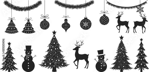 Black silhouette Christmas decorations and figures including trees ornaments reindeer and snowmen