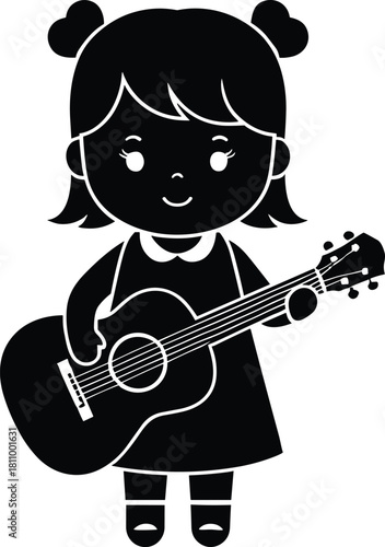 Black silhouette of a cartoon girl with pigtails playing an acoustic guitar child