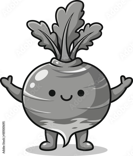A cute grayscale cartoon turnip character with a smiling face and welcoming open arms.