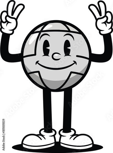 A retro cartoon volleyball mascot character with a smiling face making double peace signs.