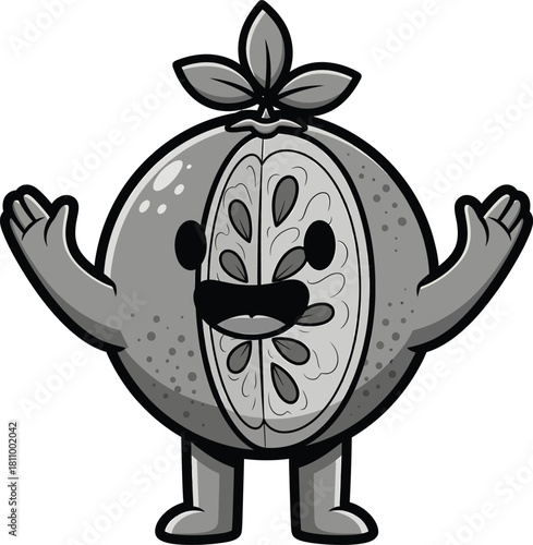 Cheerful grayscale cartoon of a sliced citrus fruit with a mustache and welcoming arms.