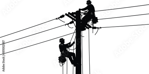 Utility workers climbing power pole, electrical line maintenance, silhouette safety gear, skilled labor infrastructure, dangerous job, teamwork, 