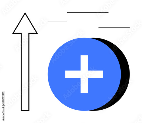 Growth concept. A blue circle with a plus symbol and an upward arrow signify growth and progress. Great for business strategy, growth initiatives, productivity, innovation, and analytics
