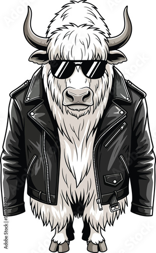 Cool anthropomorphic yak character in a black leather biker jacket and dark sunglasses.